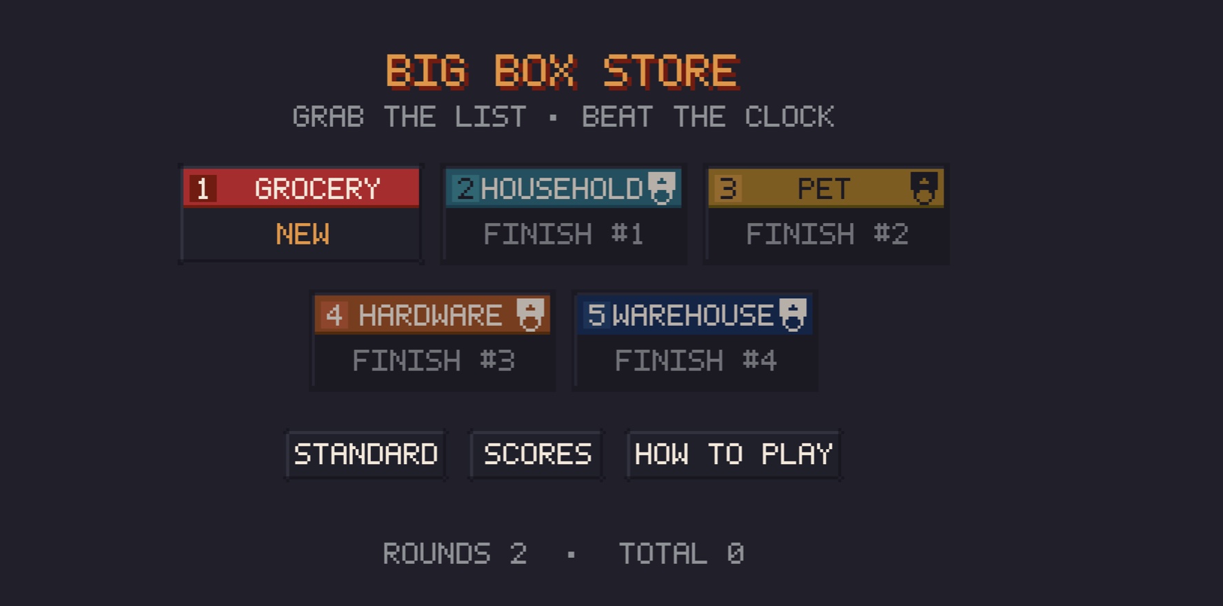 The store select screen, five shops numbered in order with the first one open and the rest padlocked