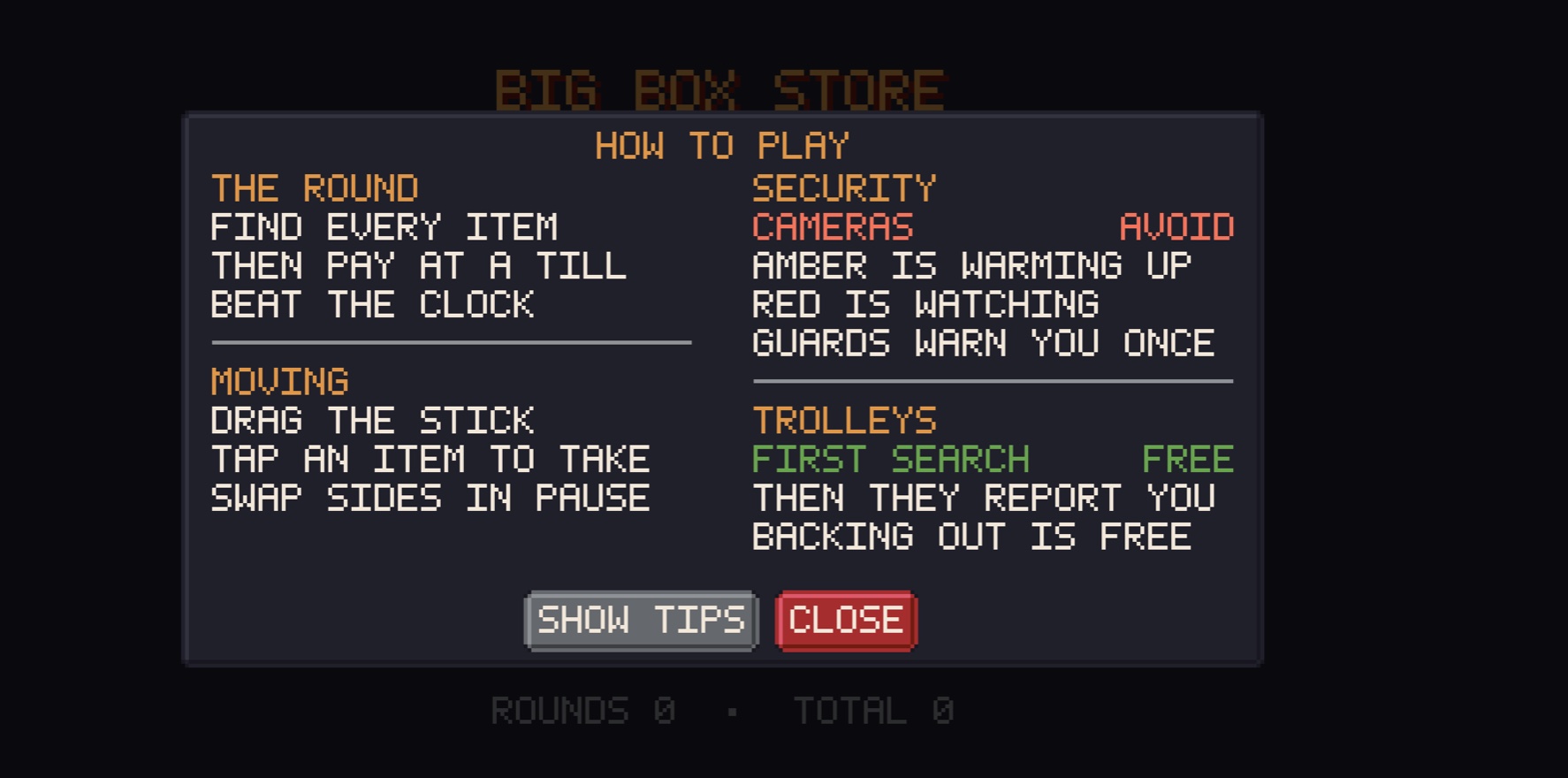 The how to play card, two columns covering the round, moving, security and carts