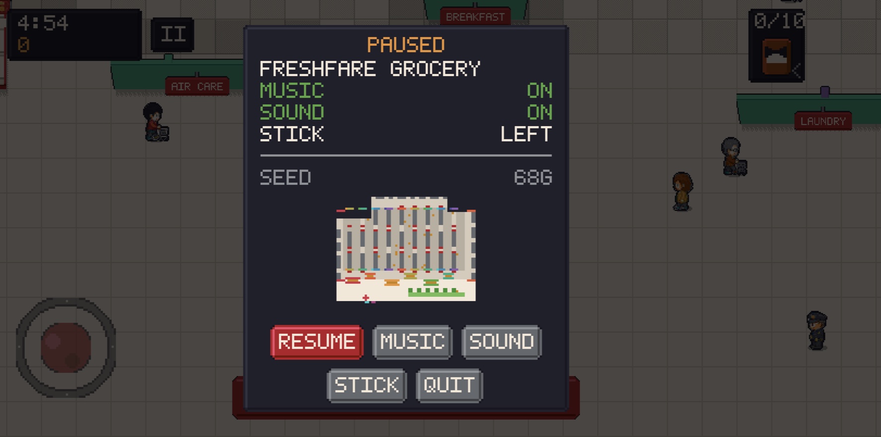 The pause screen, with a map of the whole shop and the player’s position on it