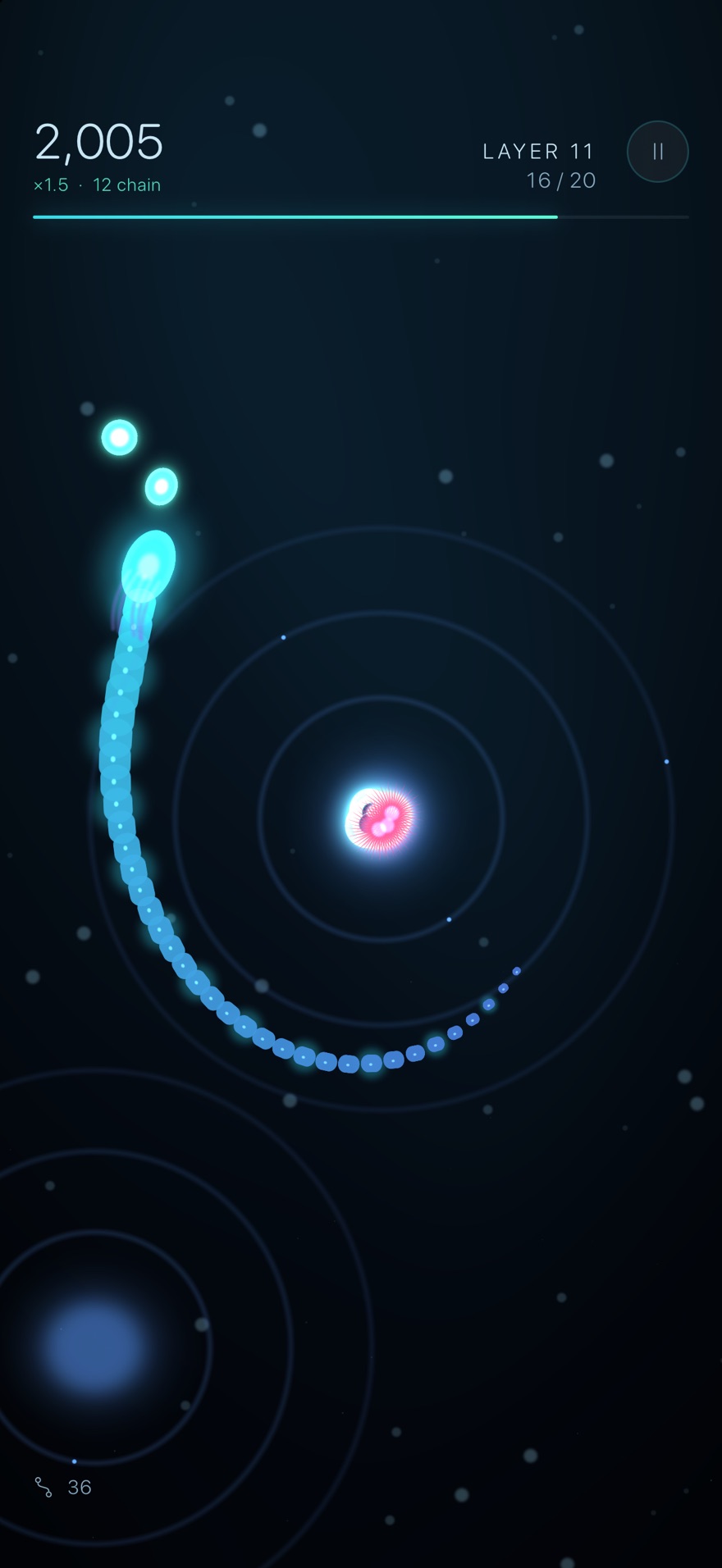Descent, layer 11 — a 36-segment body mid-turn