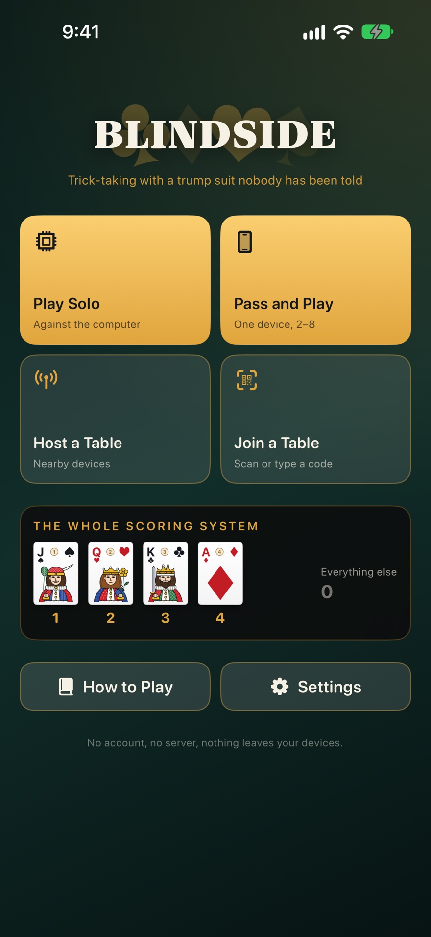 The menu: Play Solo, Pass and Play, Host a Table and Join a Table, above a strip showing the jack, queen, king and ace worth one to four points