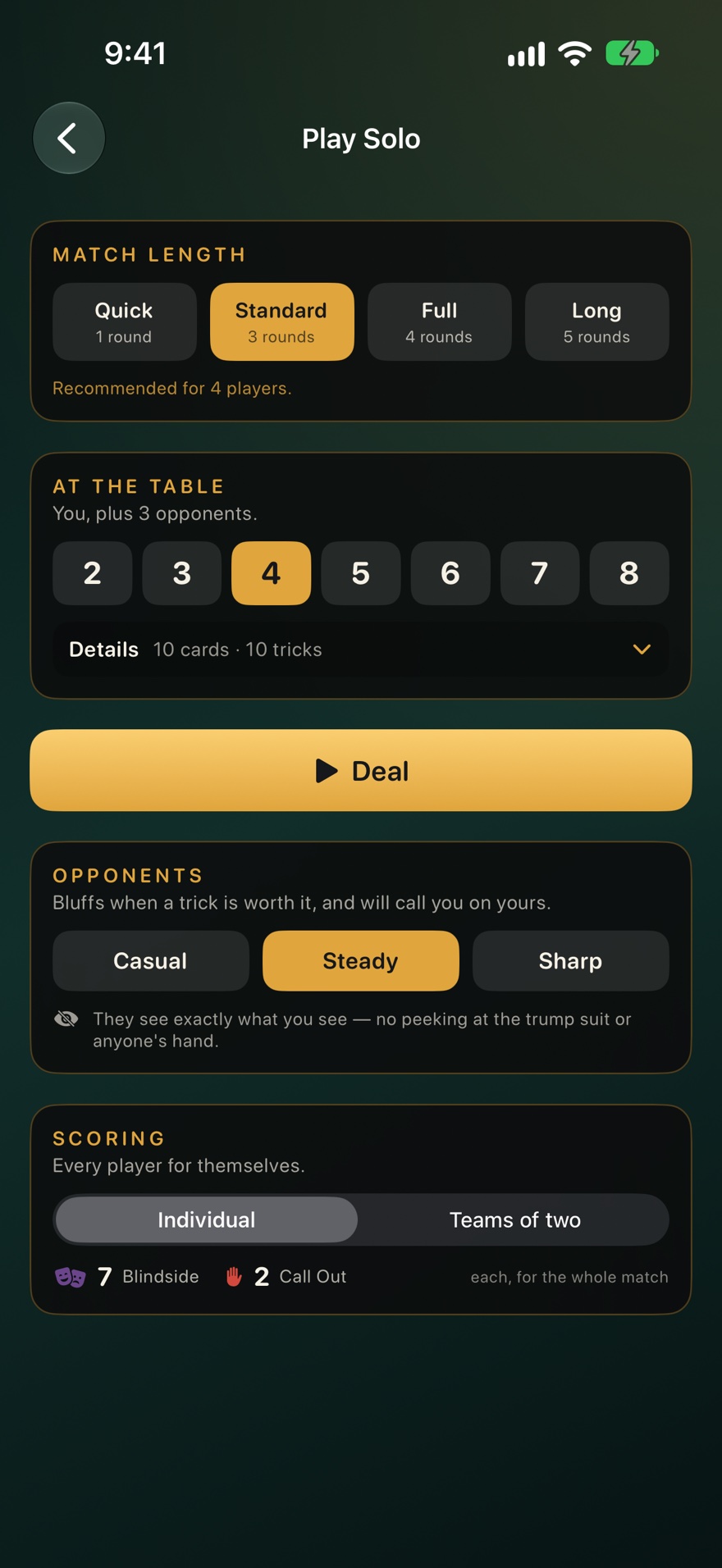 Setting up a solo match: match length, the number of players, three opponent levels, and seven Blindside chips and two Call Out chips for each player