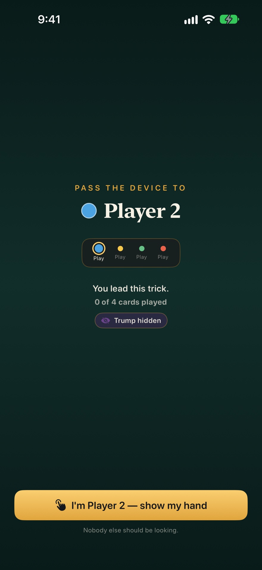 The screen between turns in Pass and Play, asking for the device to be passed to Player 2 before their hand is shown