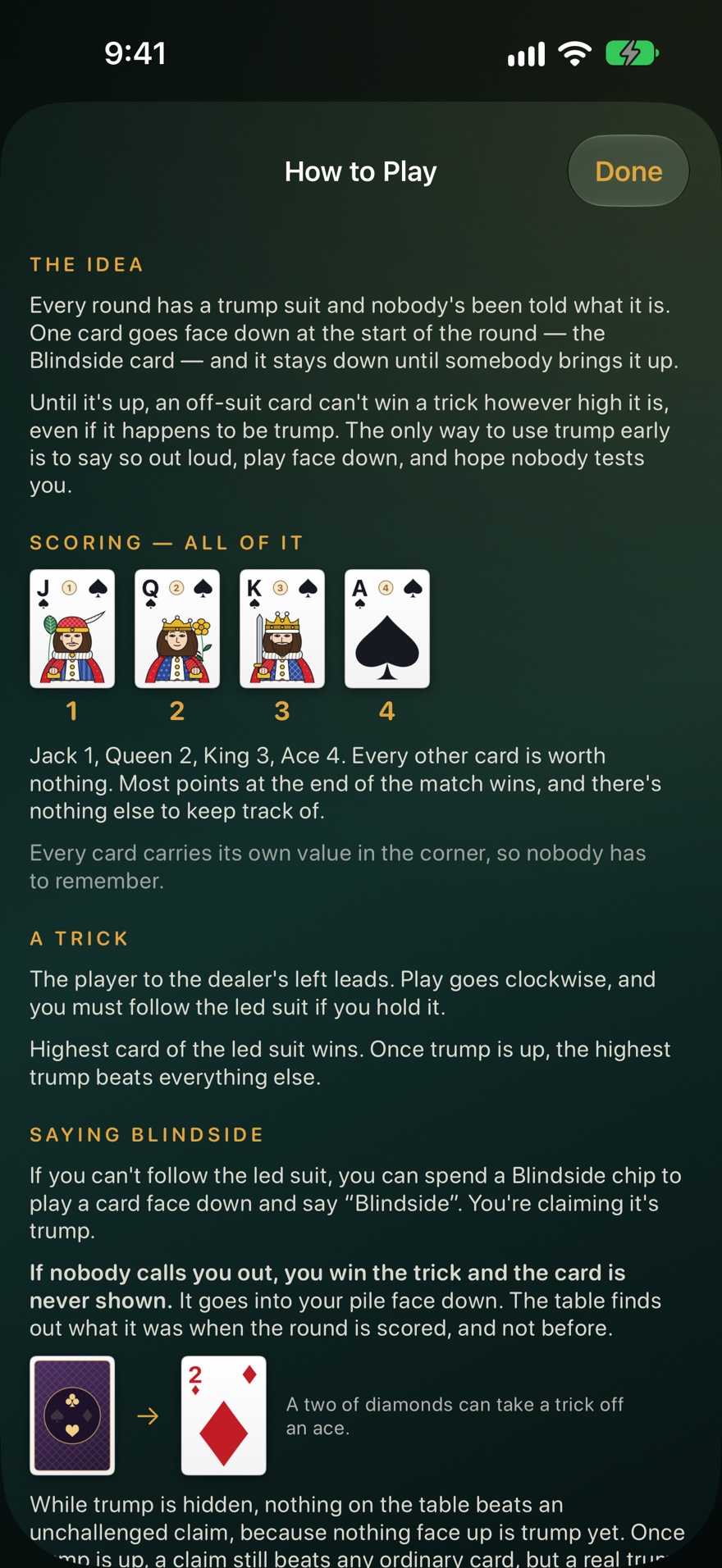 How to Play, opened on the idea of the game, the four scoring cards and what saying Blindside means