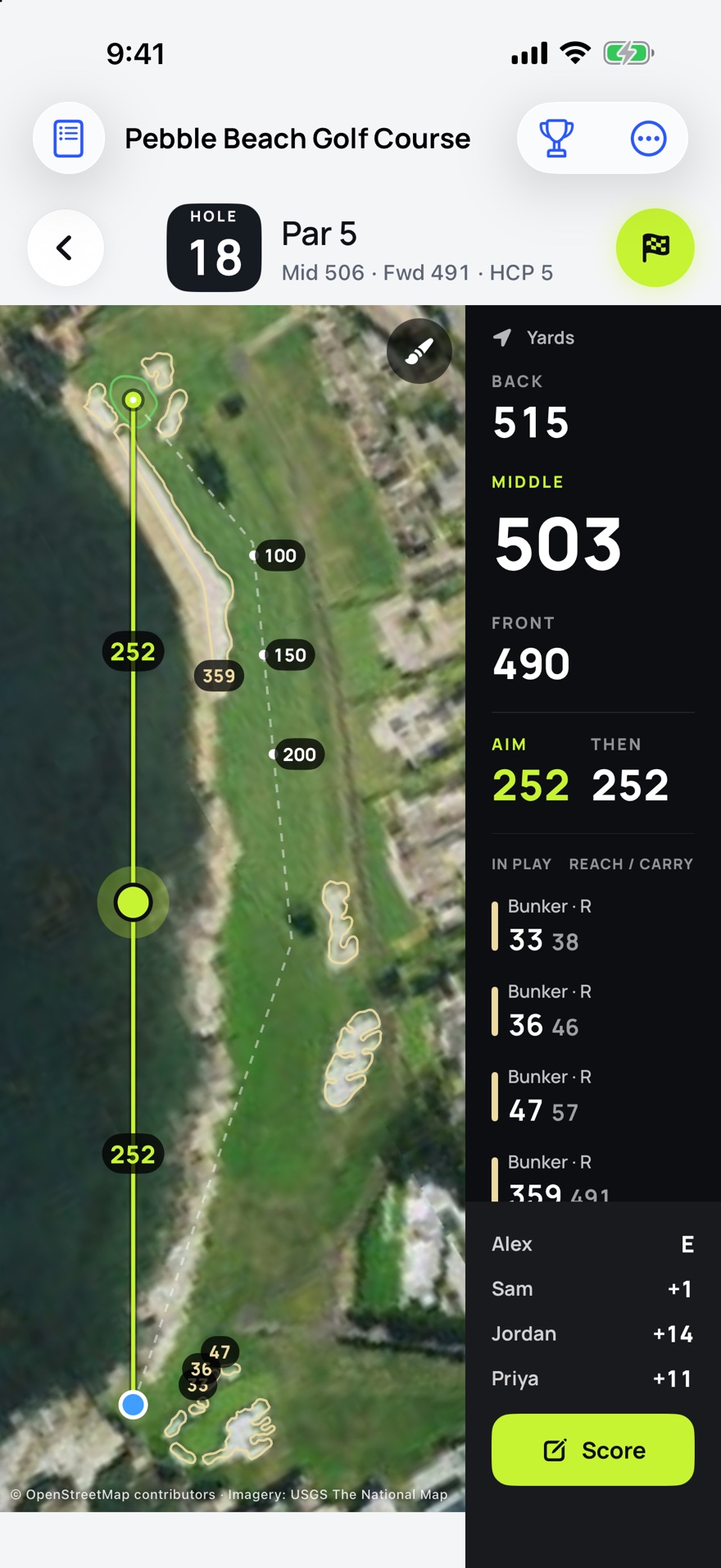 The eighteenth at Pebble Beach from the tee: an aerial photo of the hole with a line from the player to the green, a marker on it reading 252, and down the right side back 515, middle 503, front 490, then bunkers with their reach and carry distances and four players’ scores