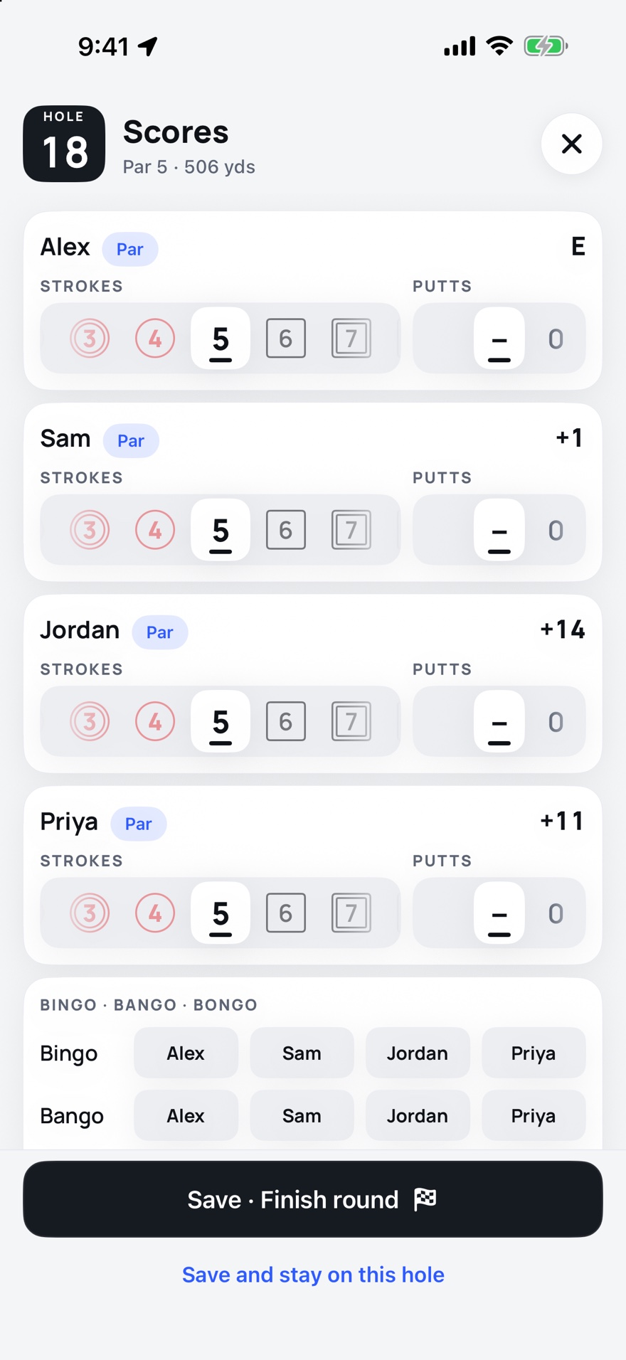 The scoring screen for hole 18, par 5: four players, each with a row of stroke numbers where 3 is double circled, 4 circled, 5 selected, 6 boxed and 7 double boxed, and a putts wheel beside it