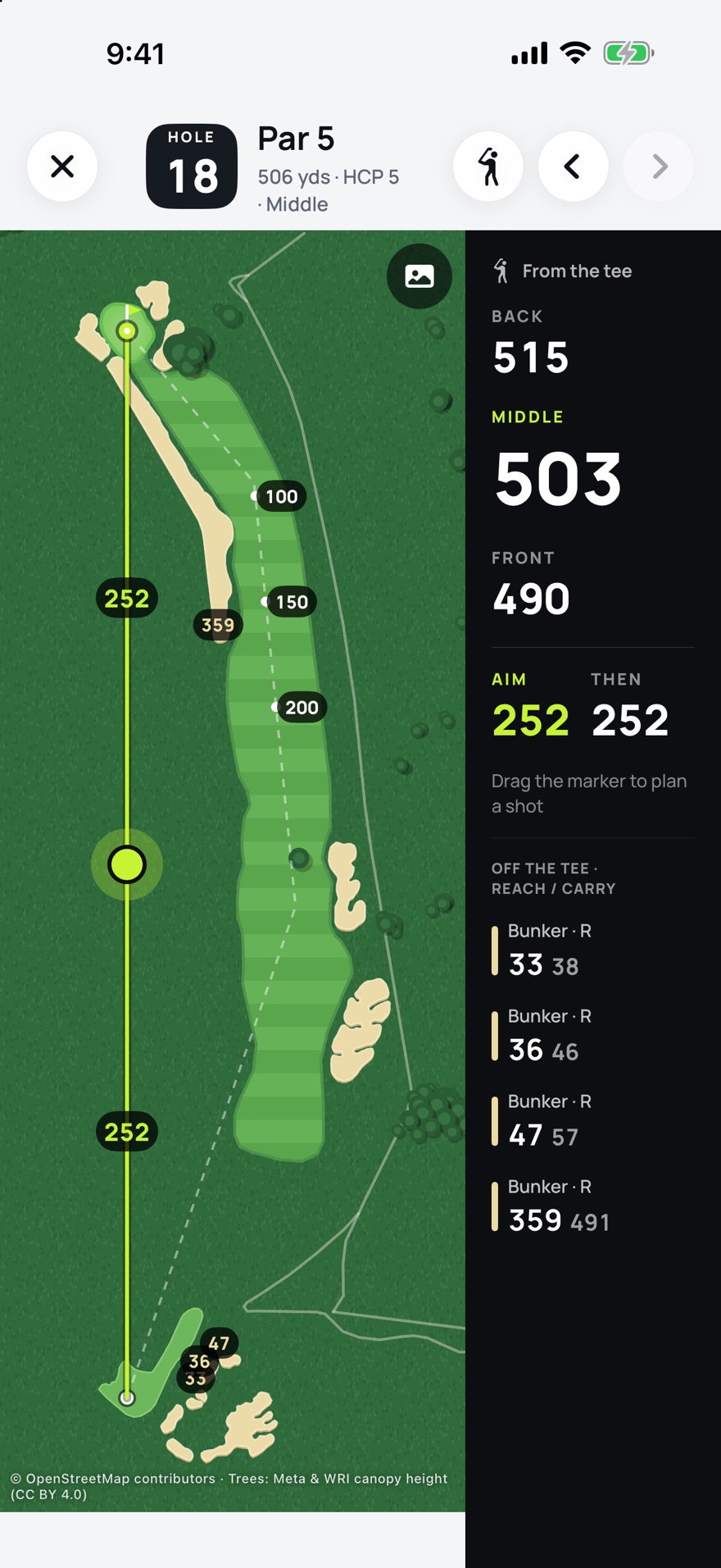An illustrated drawing of the eighteenth at Pebble Beach, with the fairway striped, bunkers in sand colour and trees drawn in, and middle 503 from the tee on the right