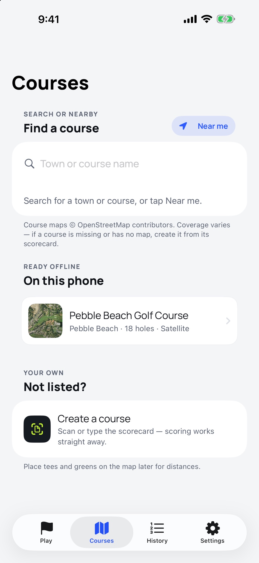 The courses screen: a search box for a town or course with a Near me button above it, Pebble Beach Golf Course saved on this phone, and a button to create a course from its scorecard