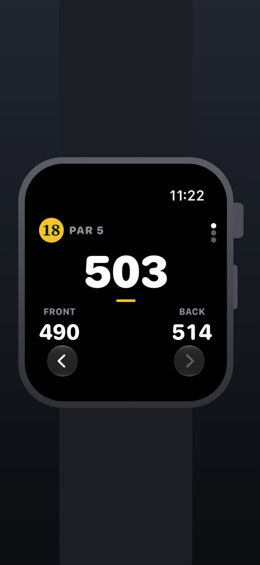 An Apple Watch showing hole 18, par 5: 503 to the middle of the green in large type, with front 490 and back 514 below it