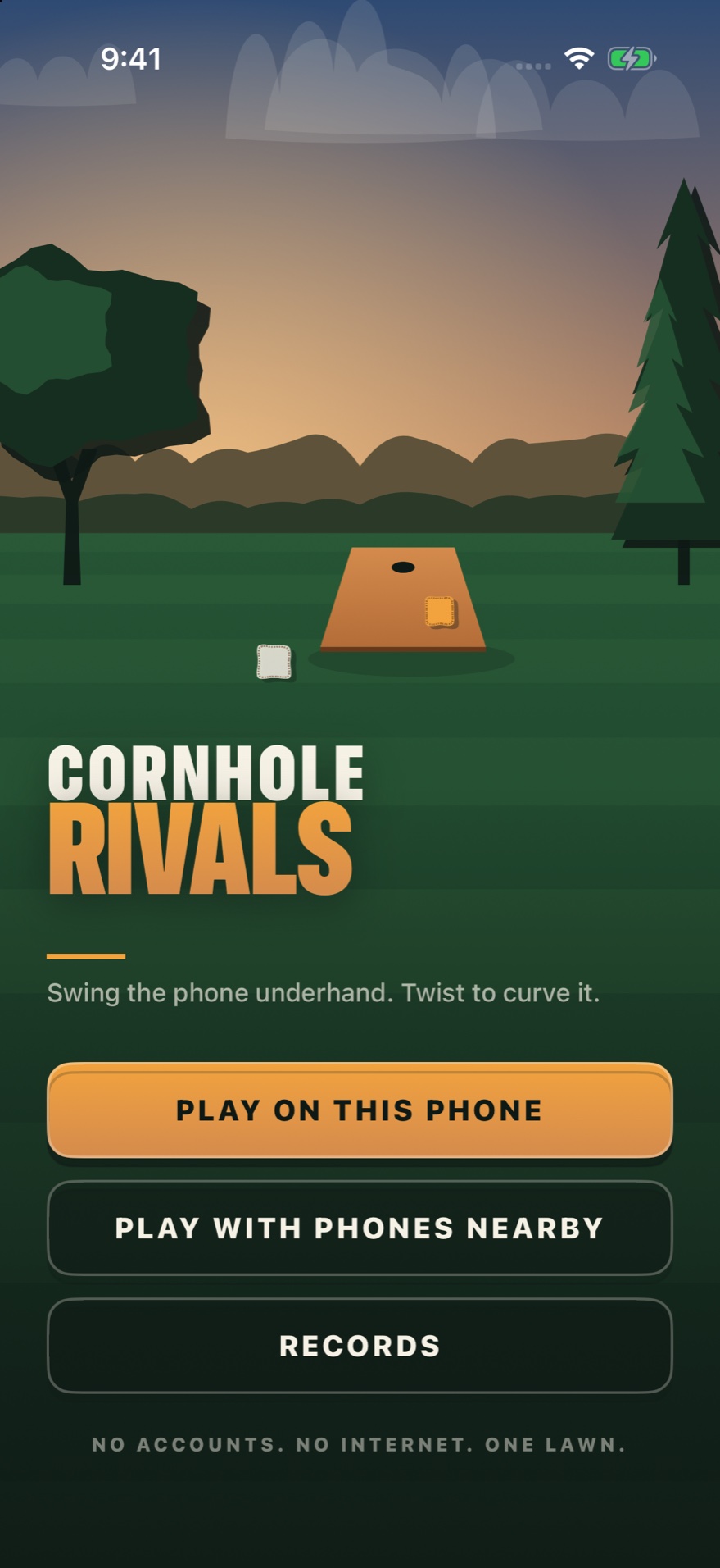 The title screen at dusk: a cornhole board on mown grass with a bag beside it, and buttons for playing on this phone, playing with phones nearby, and records