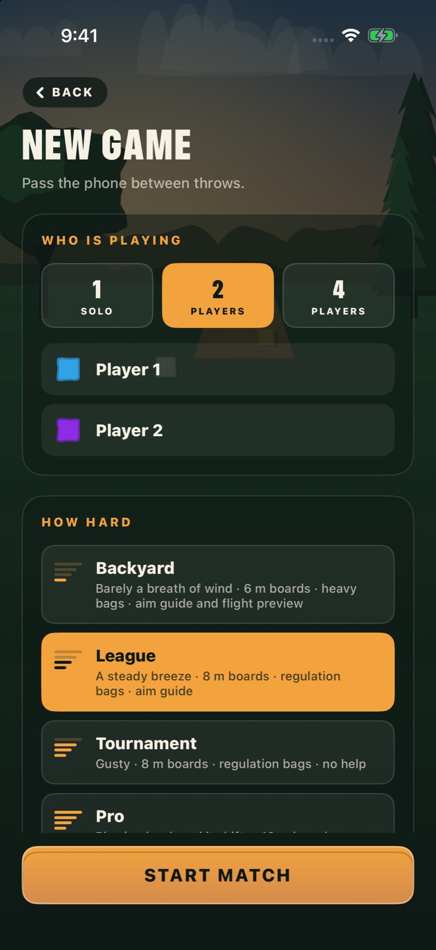 Setting up a game: one, two or four players with a coloured bag beside each name, and the four difficulty levels with the board distance, bag weight and wind each one uses