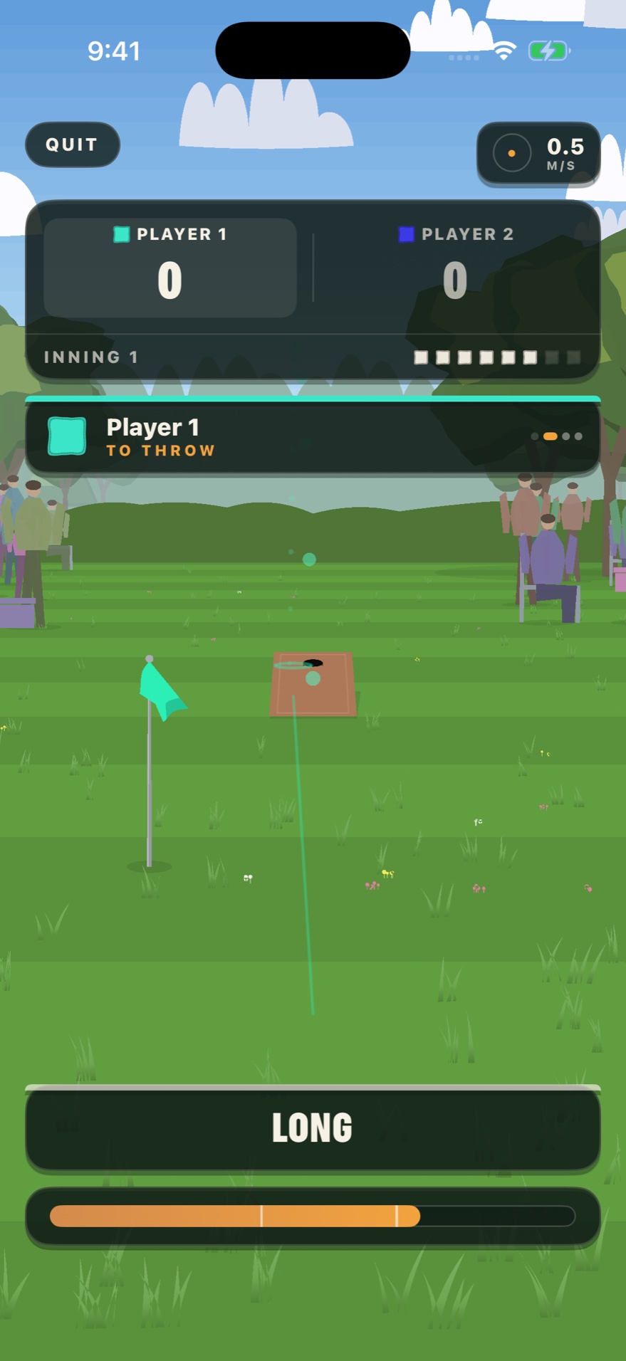 Aiming a throw on the field: an aim line running out to the far board with a ring marking where the bag would land, and a power bar filling along the bottom