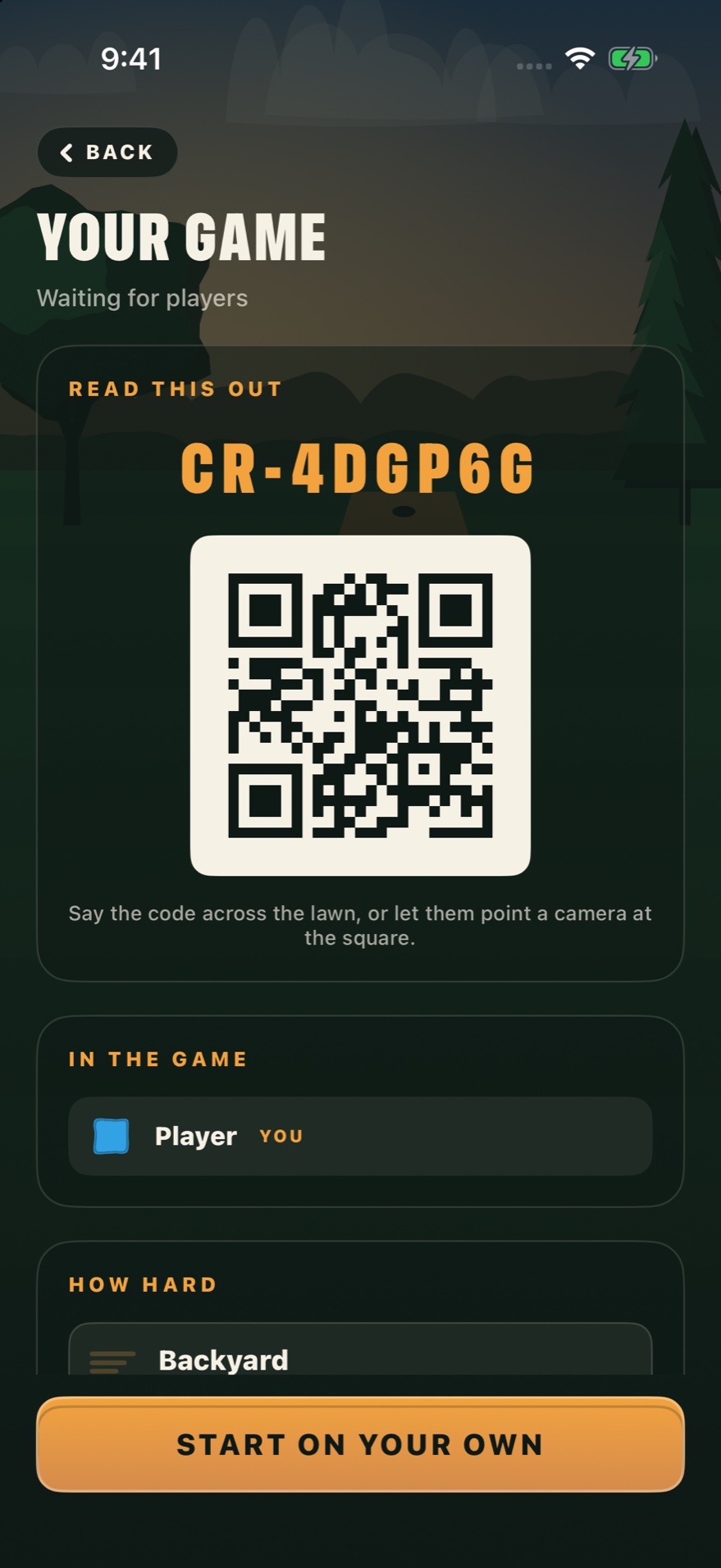 The host's lobby, showing the join code CR-WAYLCU, a QR square for anyone to point a camera at, and the list of who is in the game so far