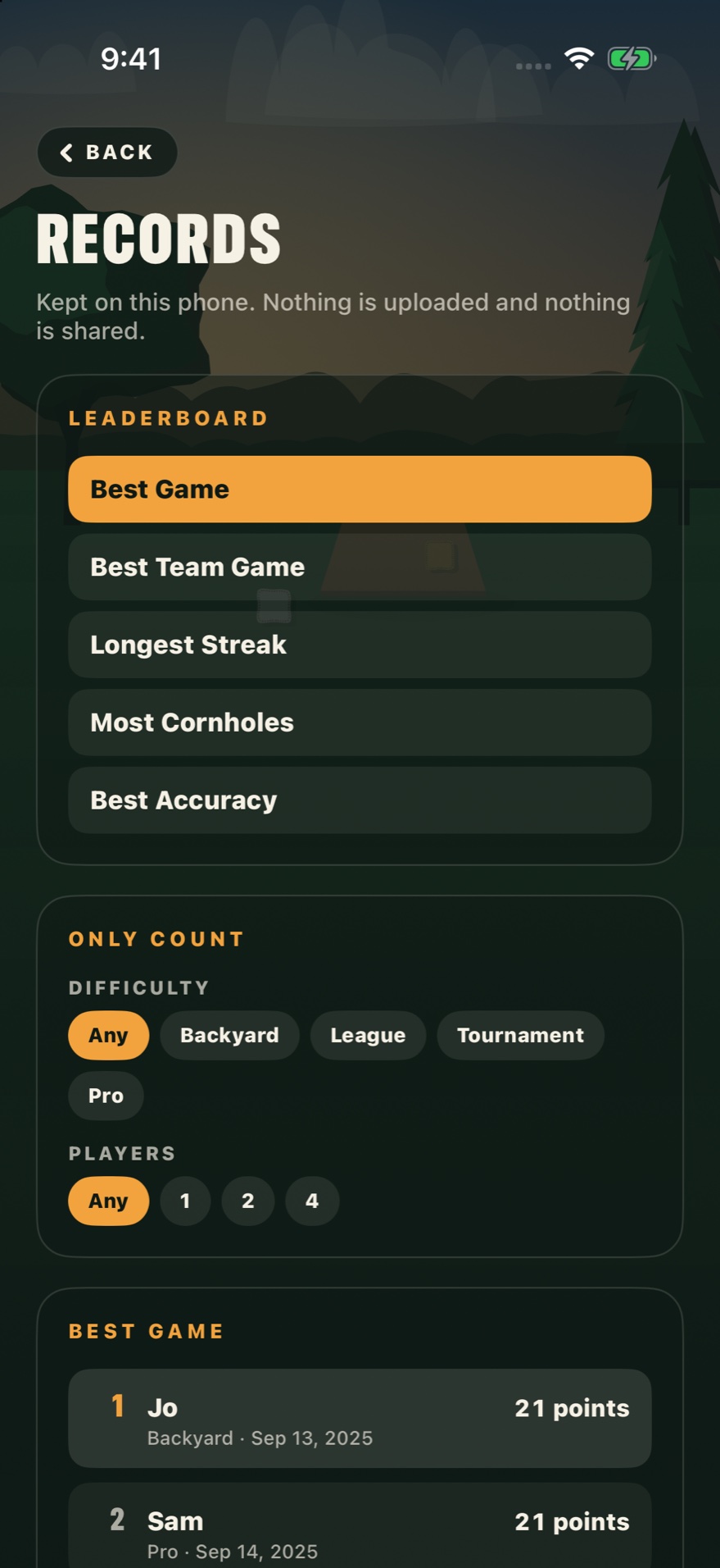The records screen: five leaderboards to choose from, filters for difficulty and player count, and the best games listed by name, points and the level they were played on
