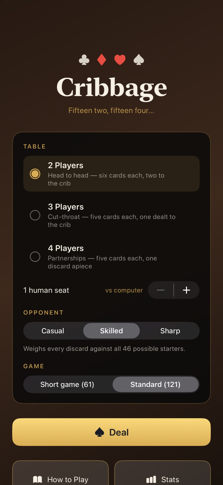The menu, choosing the size of the table and how hard the opponent plays