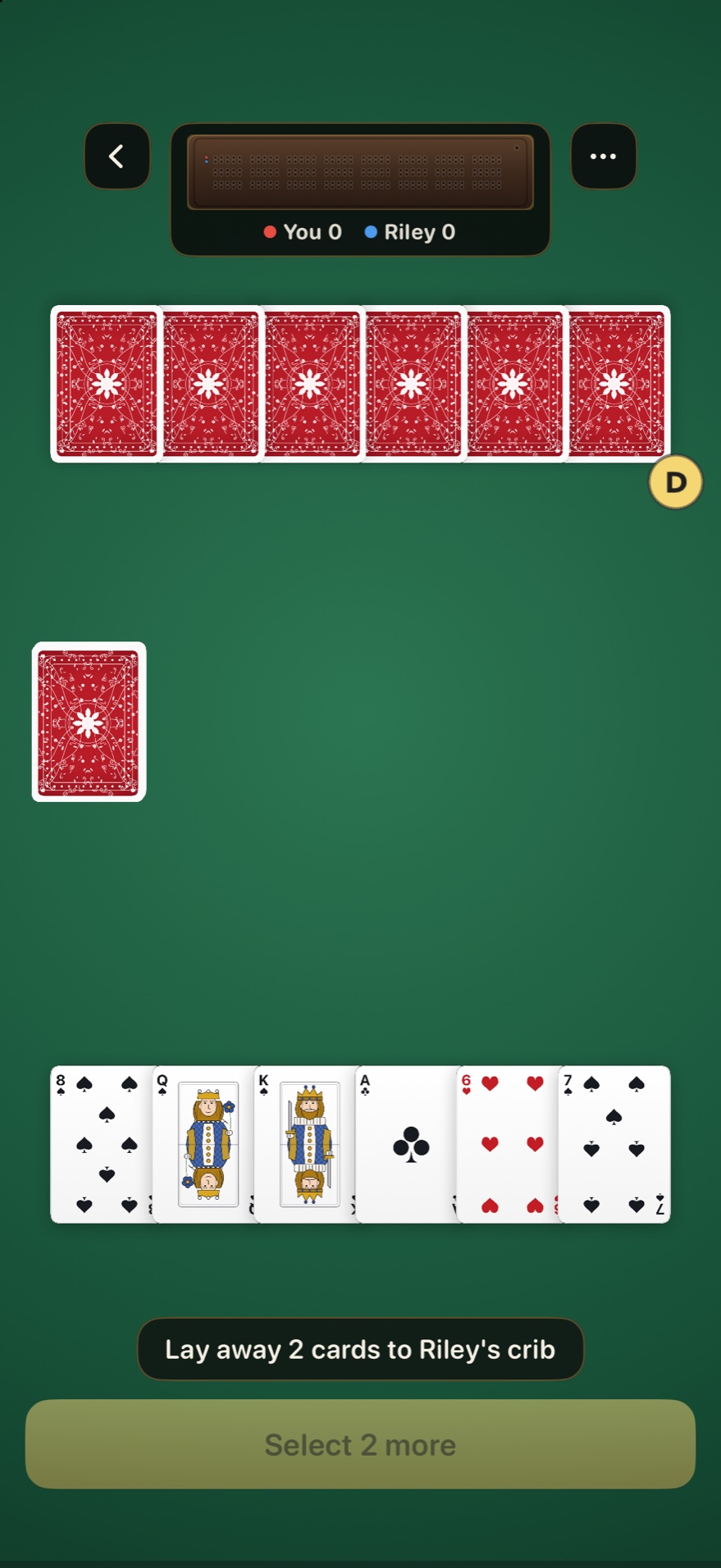 A six card hand along the bottom of the table, choosing two to lay away to the crib