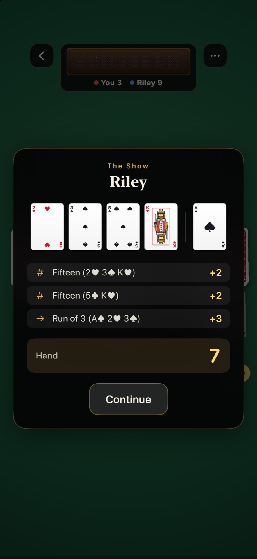The play in progress, cards laid in a row with the running count beneath them