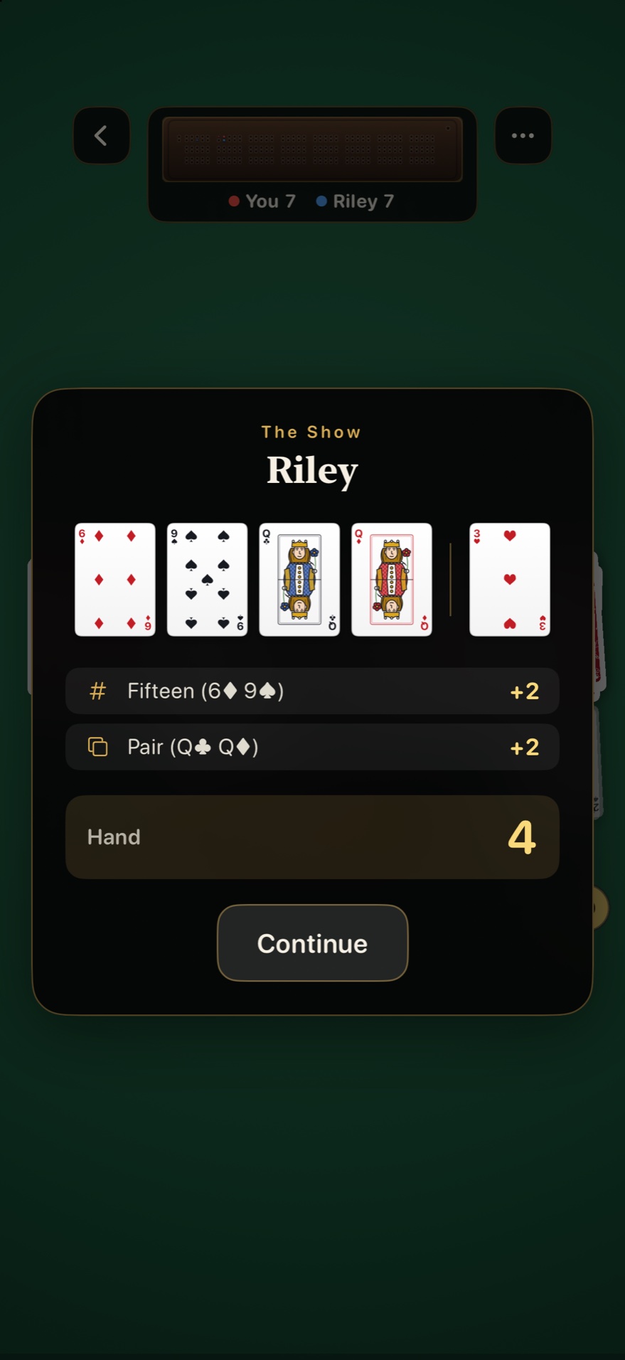 A hand being counted, each fifteen and pair listed separately and then totalled