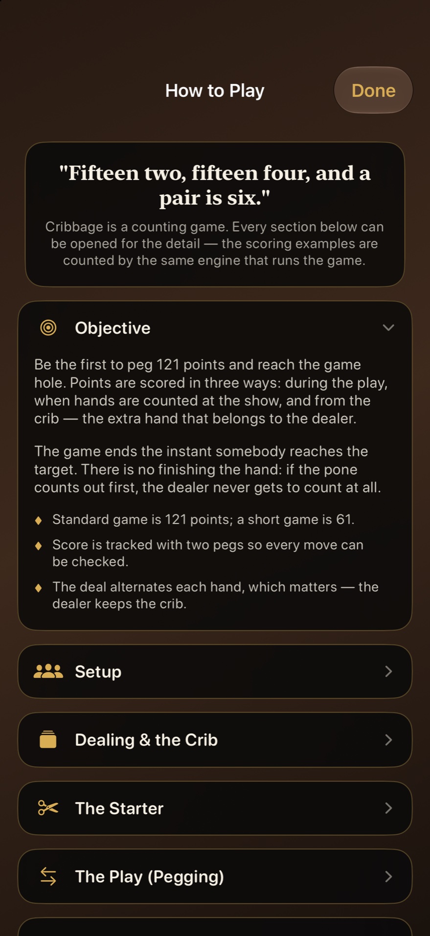 The How to Play section, opened on the objective of the game