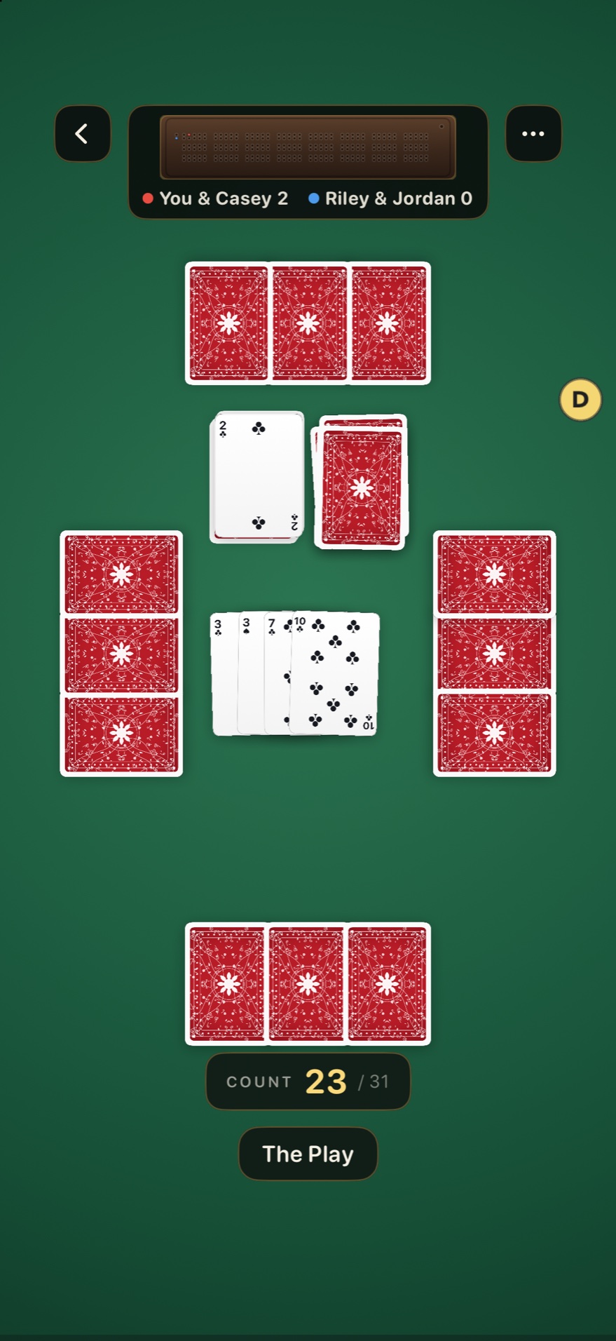 A four handed game between two partnerships, with hands on all four sides