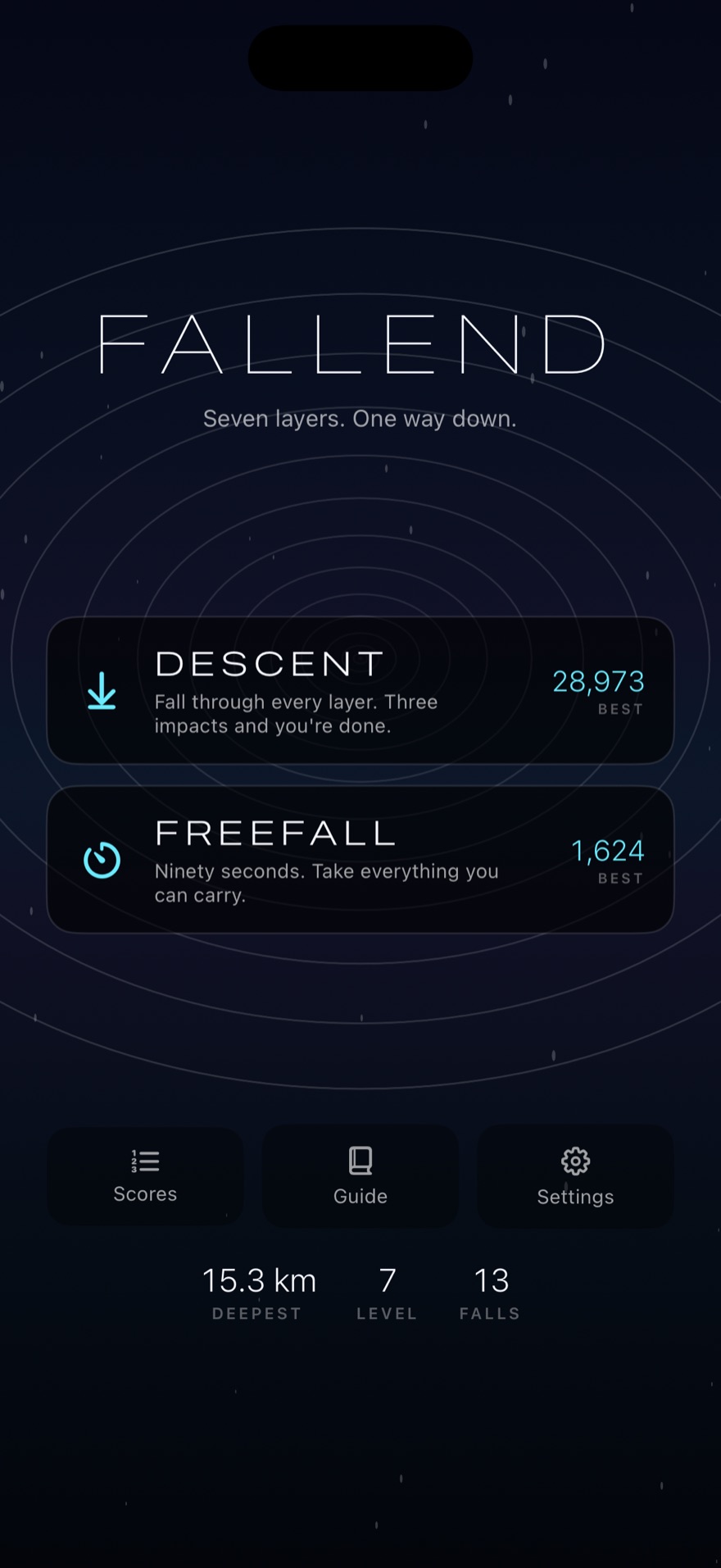 The Fallend menu, with the two modes and a personal best for each