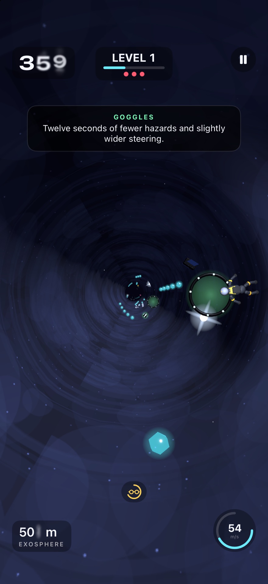 The diver near the edge of the air stream in space, with a trail of blue pickups curving in from the distance