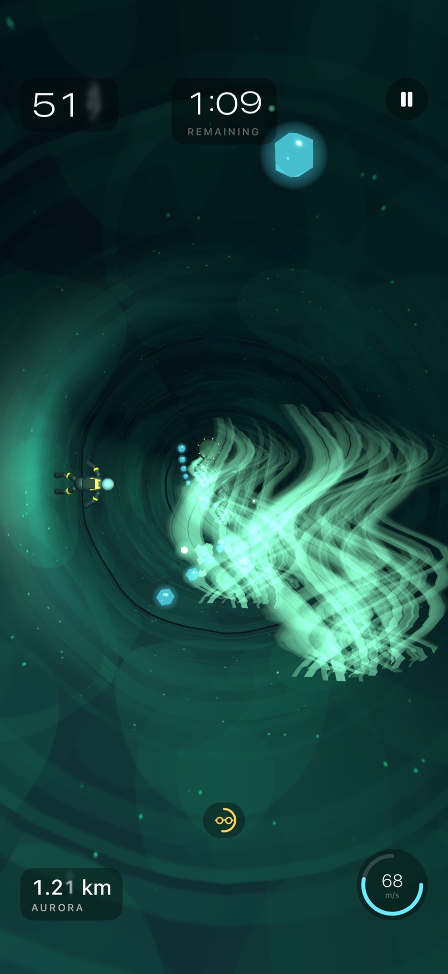 Falling past a drifting green aurora curtain, with pickups strung out ahead