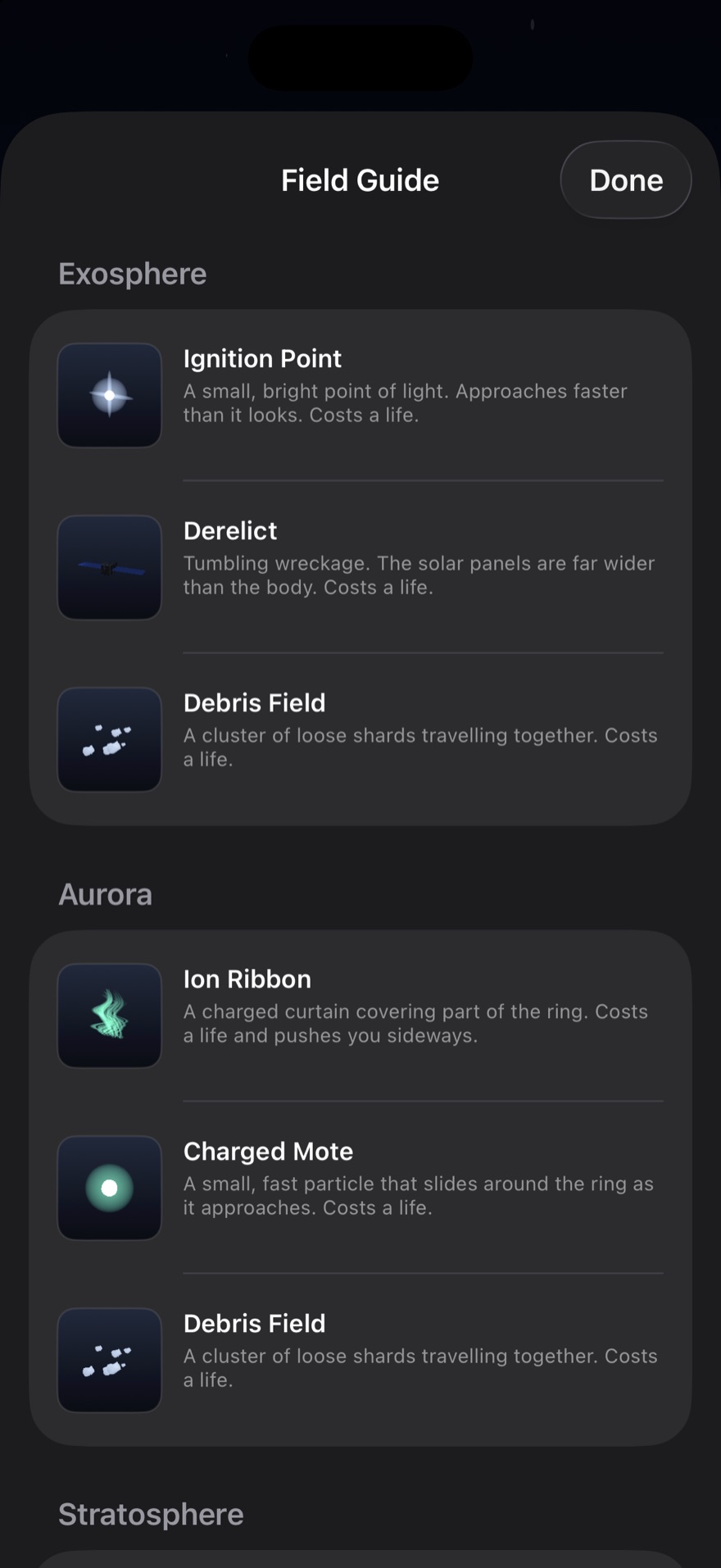 The field guide, listing each object with a picture and what it does