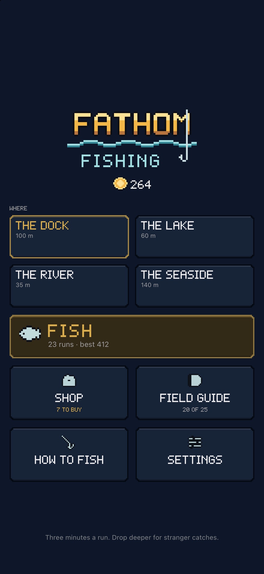 The Fathom Fishing menu, listing the four venues with their depths, and a coin count