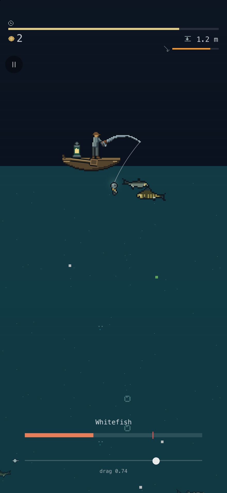 An angler in a small boat on the lake, rod bent, with a whitefish on the line and the tension bar filling