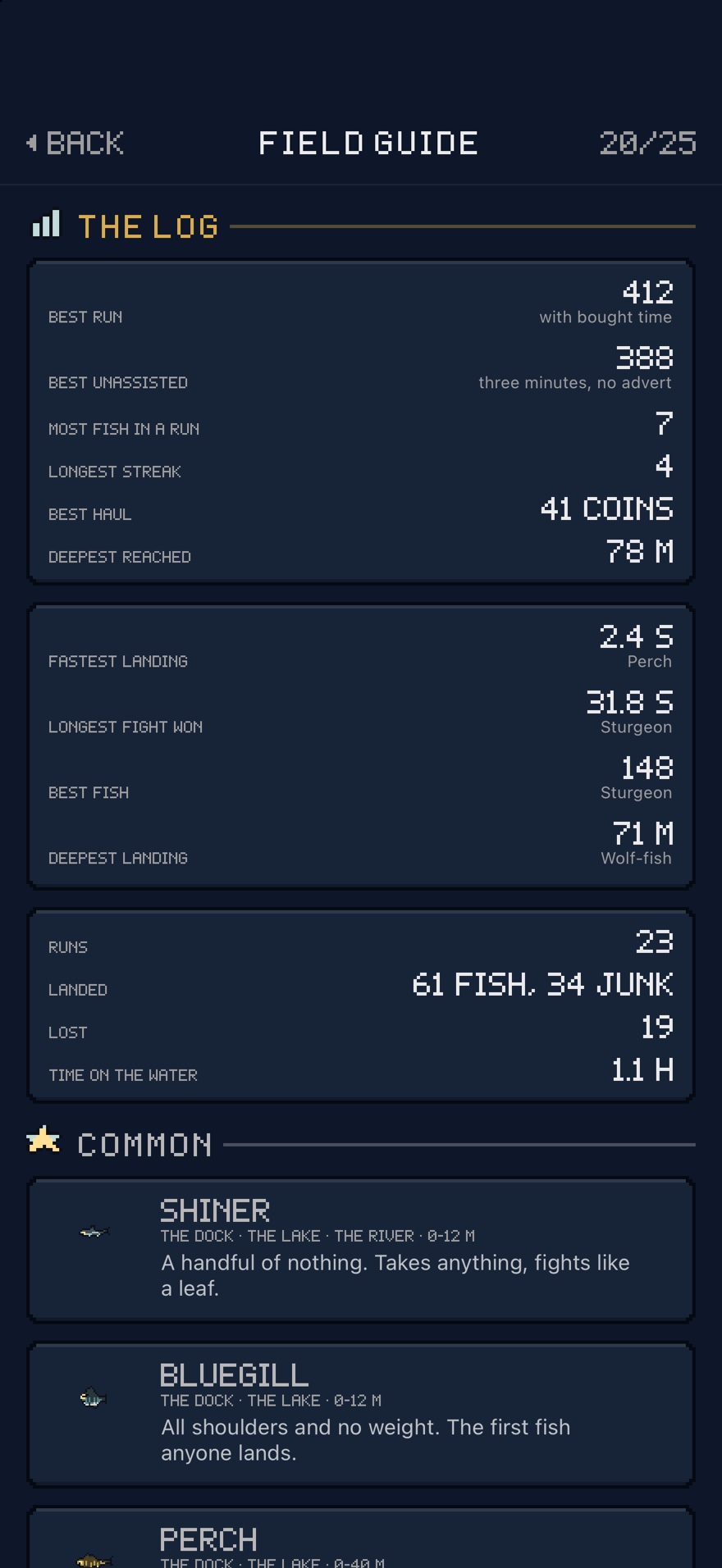 The field guide, showing run records and the first entries with a line of description for each fish