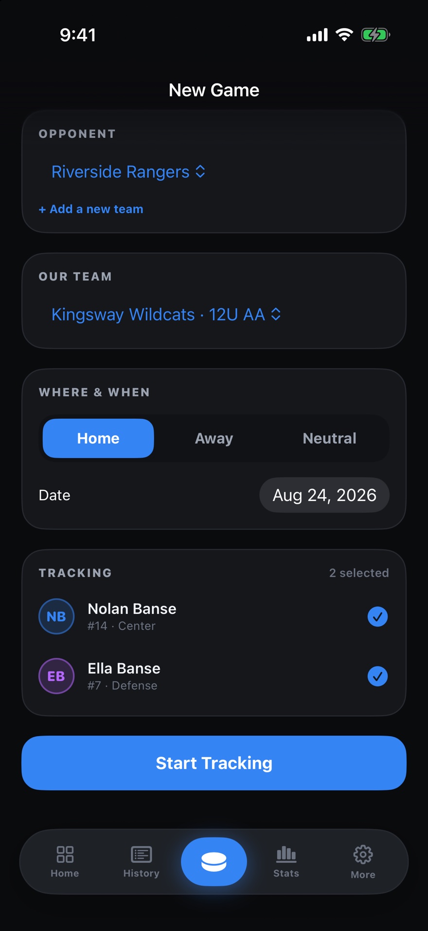 Setting up a game: the opponent, your team, home or away, the date, and both children ticked to be tracked