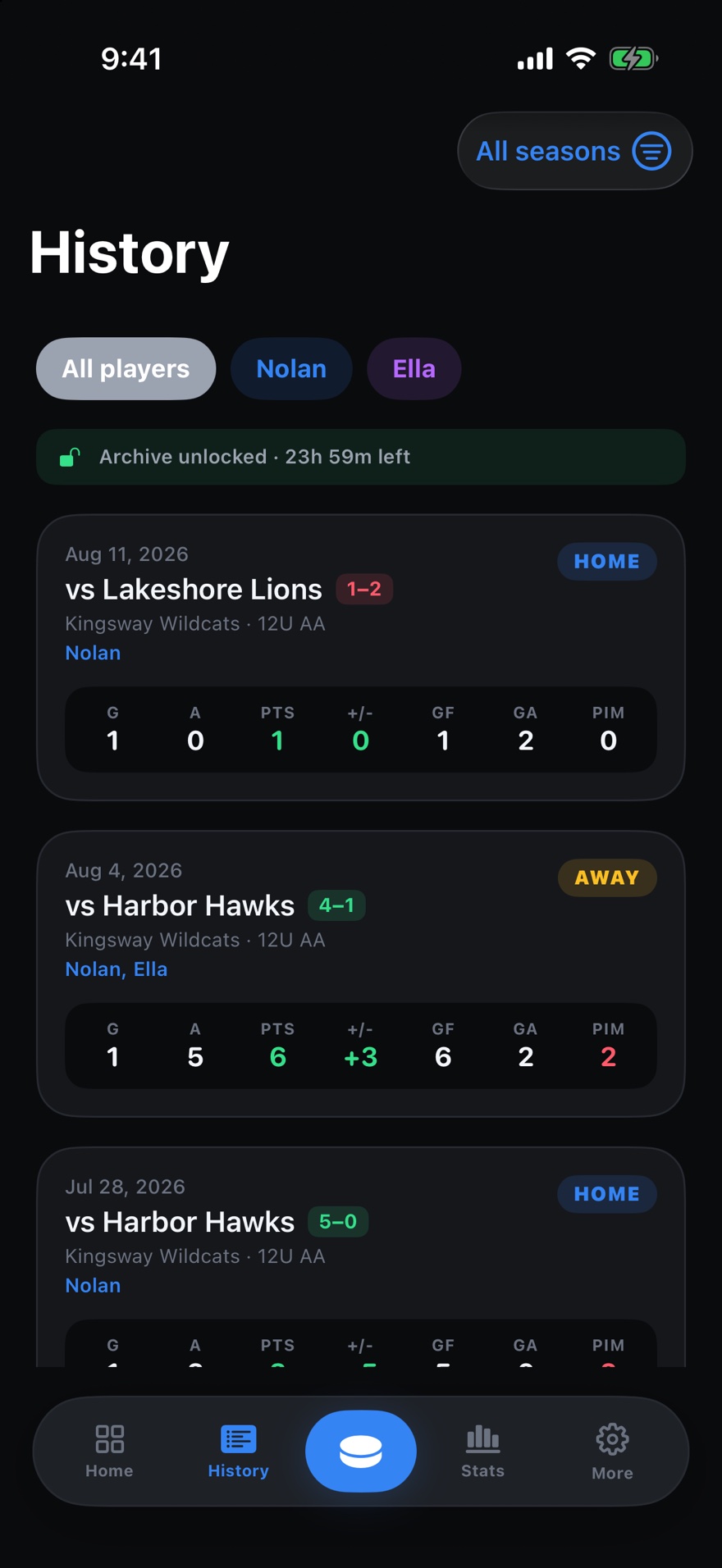 The list of past games, each with the final score, who was tracked and a row of that game's numbers
