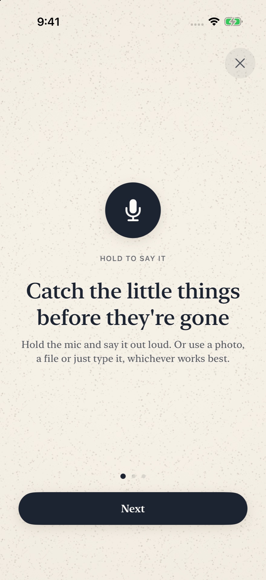 An opening page: a large ink circle with a microphone in it above the words hold to say it, under the heading Catch the little things before they’re gone