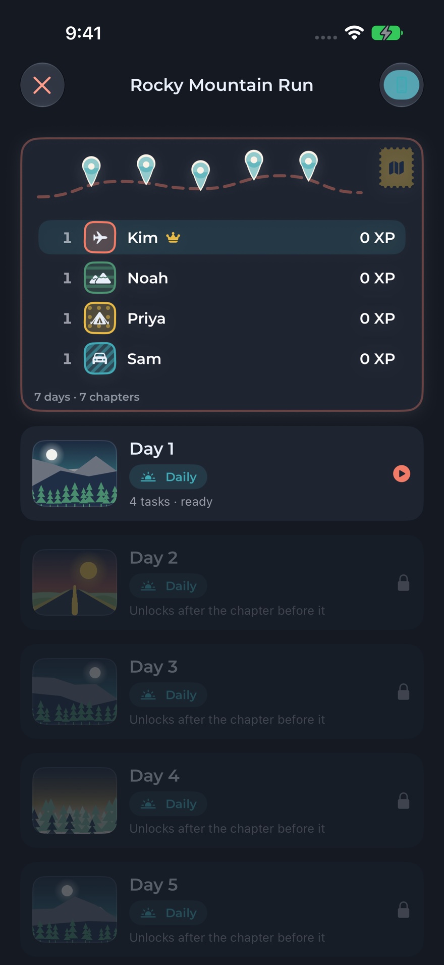 The list of days: a route line with pins, the scoreboard, and a card for each day showing the illustration and how many tasks it holds