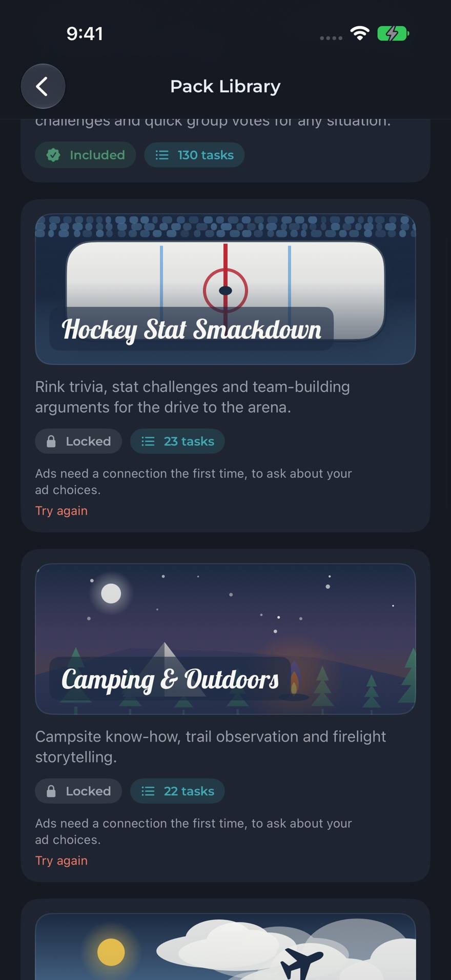 The pack library, with illustrated covers for the hockey and camping packs and the number of tasks in each