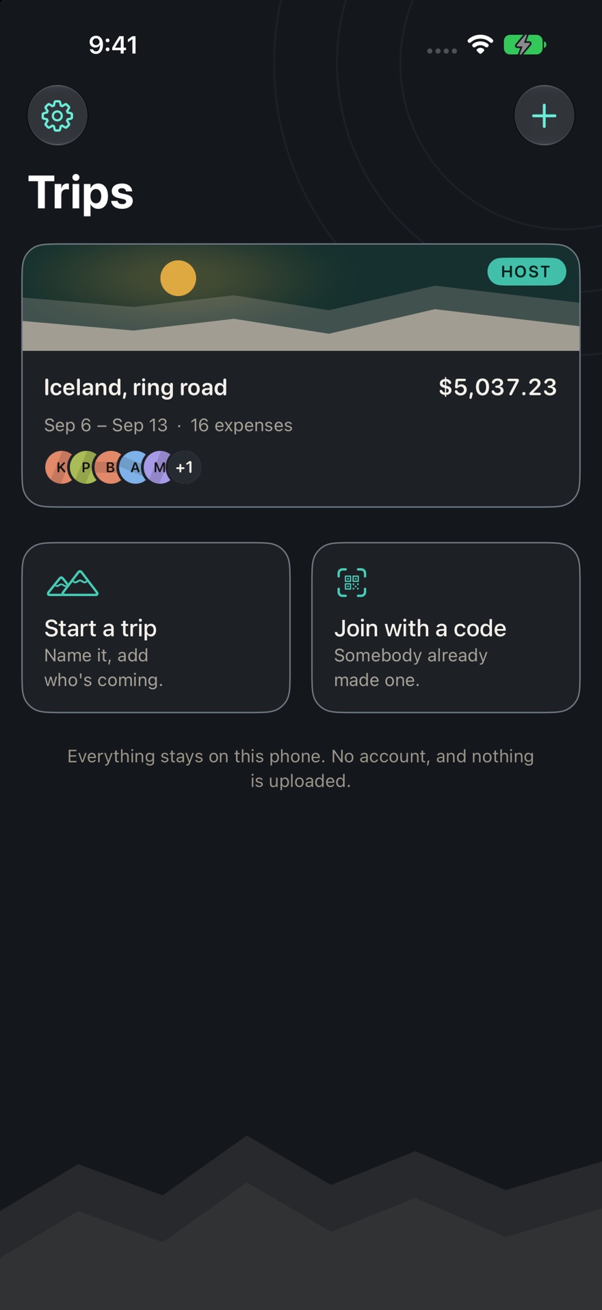 The trips list: one trip called Iceland, ring road with a drawn skyline, $5,037.23 and sixteen expenses, and two cards under it for starting a trip or joining one with a code