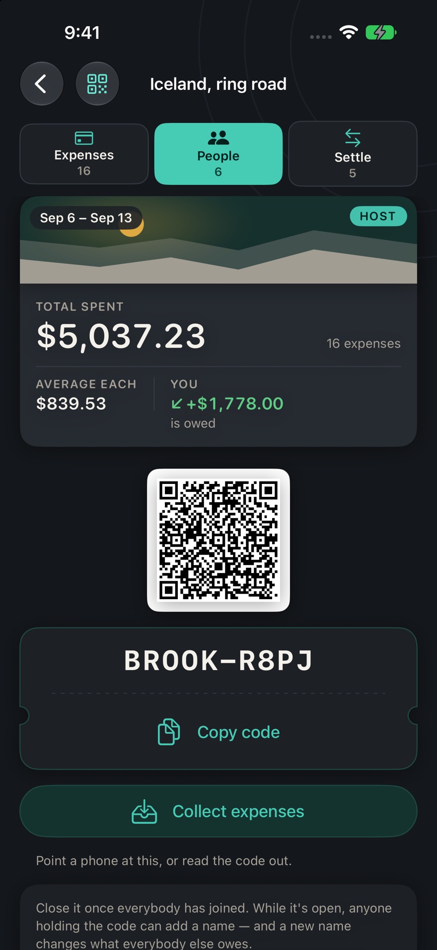 The People tab: a QR code above the join code BROOK-R8PJ, a button to collect expenses, and a note saying the roster can be closed once everybody has joined