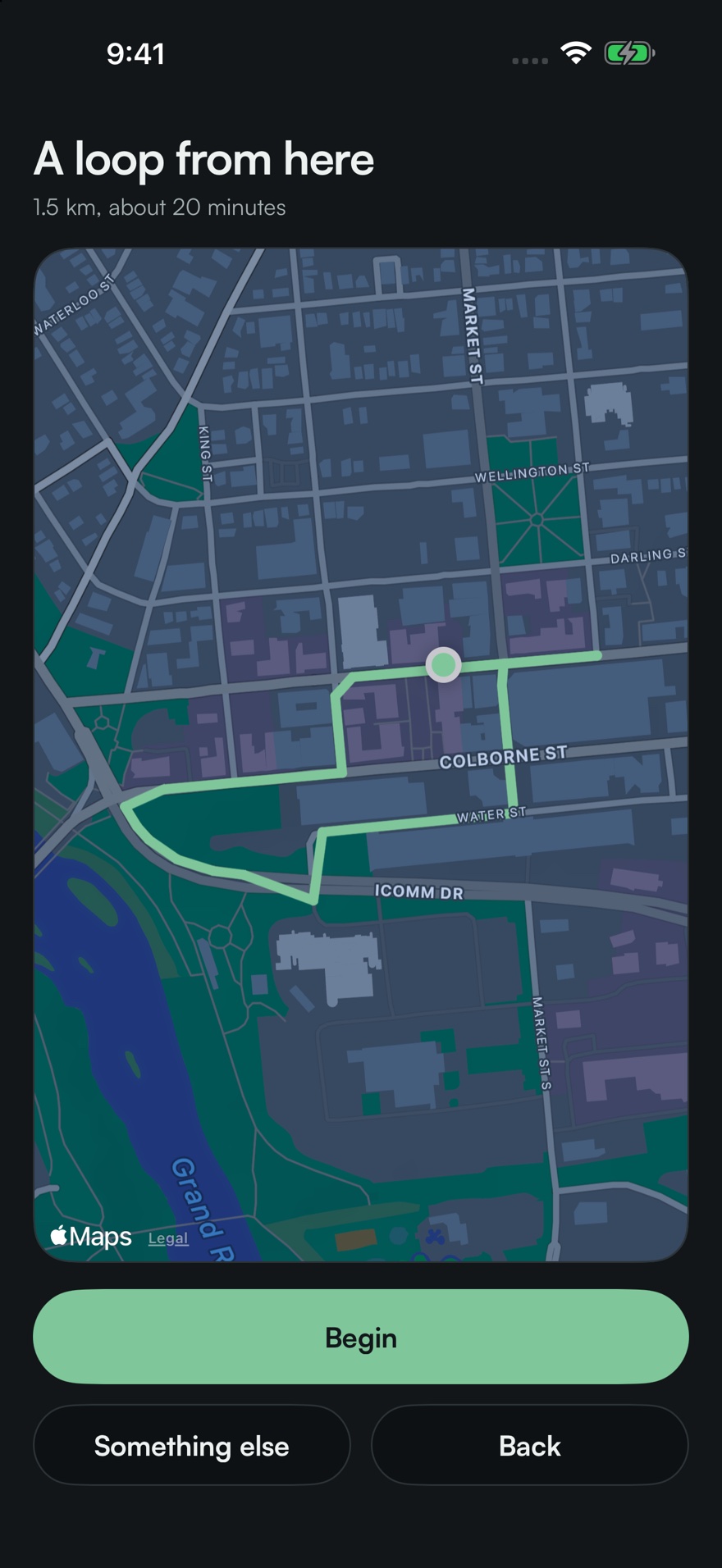 A suggested loop drawn on a map of nearby streets, 1.5 km and about 20 minutes, with a Begin button under it