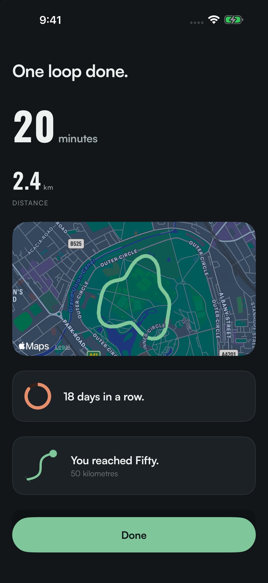 The summary after a walk: twenty minutes, 2.4 km, the line that was walked, the streak now at 18 days, and a milestone just reached